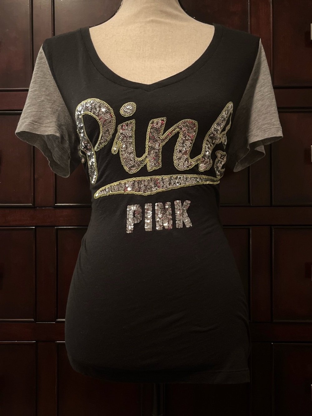 PINK Victoria's Secret Black Tee with Grey Sleeves and Silver Sequin Logo